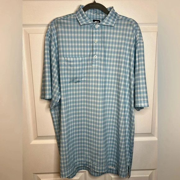 FJ FootJoy Short Sleeved Mens Polo Size Large Blue White Plaid Front Pocket GUC - Picture 1 of 5